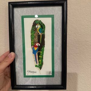 Parrots Art Painting on Feather Artwork Framed Nicaragua Blue Green Colorful Art